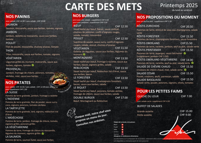 Carte des mets printemps 2025